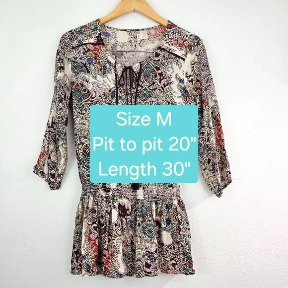 Japna Womens Sz M Vibrant Colorful Print Boho Top Tunic Tassel Hippie Blouse - Picture 7 of 8